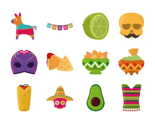 Cinco de mayo mexikanska fest festlig fest nationella ikoner som platt stil ikon — Stock vektor