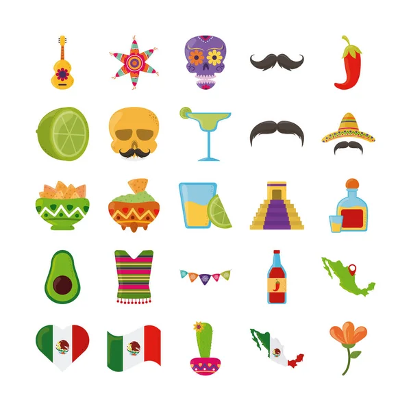 Cinco de mayo mexikanische feier festliche party nationale ikonen setzen flache stil-ikone — Stockvektor