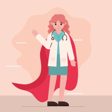 Doktor kahraman, steteskop ve pelerinli kadın doktor.