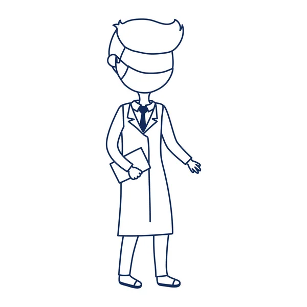 Jeune médecin avec masque et presse-papiers covid 19 coronavirus pandémie style ligne — Image vectorielle