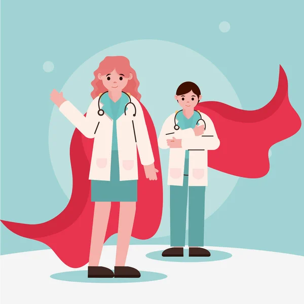 Médecin héros, médecins praticien féminin et masculin avec capes — Image vectorielle