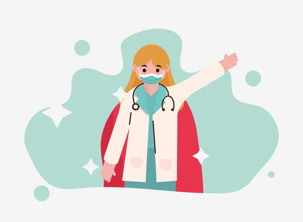 Médecin héros, femme médecin avec stéthoscope et cape rouge — Image vectorielle