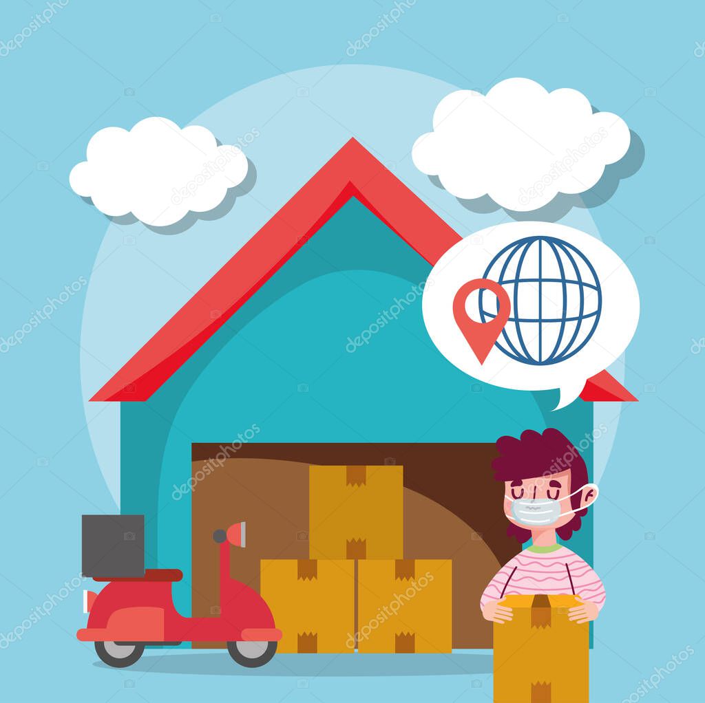 delivery man logistic warehouse boxes transport ecommerce online shopping covid 19 coronavirus