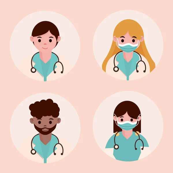 Médico héroe, médicos personal médico profesional con personajes estetoscopio — Vector de stock