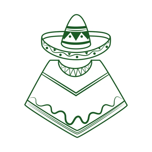 Poncho et chapeau traditionnel cinco de mayo mexicain célébration ligne style icône — Image vectorielle