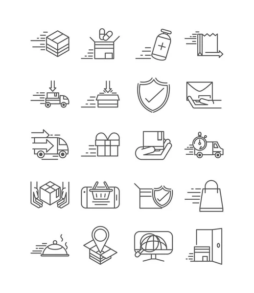 Entrega rápida envío de carga comercio iconos de negocios establecer icono de estilo de línea — Archivo Imágenes Vectoriales
