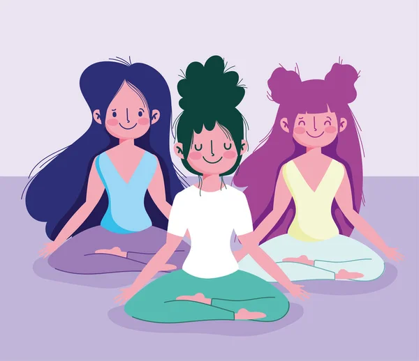 Mujeres jóvenes practicando yoga loto pose actividad ejercicio deportivo en casa — Vector de stock