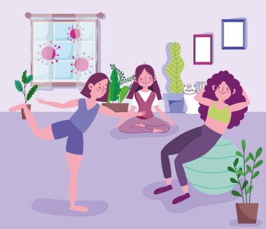 Yoga yapan genç kadınlar grubu ve ev covid 19 pandemik spor egzersizleri.