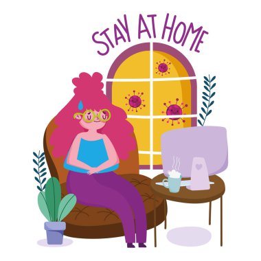 Evde kal, bilgisayar tele-posta ile çalışan genç kadın karantina önleme, covid 19