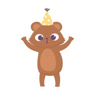 Mutlu yıllar, parti şapkalı küçük oyuncak ayı çizgi film izolasyon tasarımı ikonu