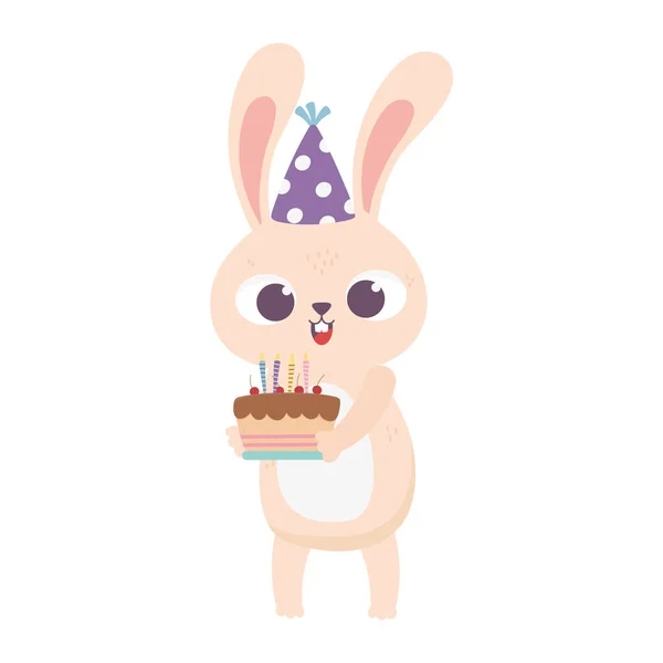 Щасливий день народження, маленький кролик з тортом та вечірнім капелюхом ізоляція мультфільму іконка дизайну — стоковий вектор