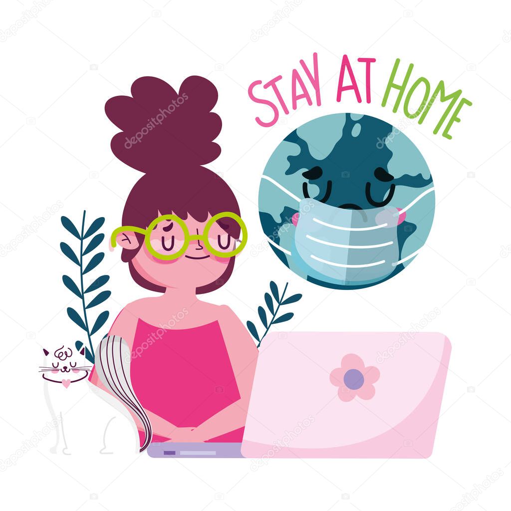 stay at home, young woman with cat laptop world quarantine covid 19