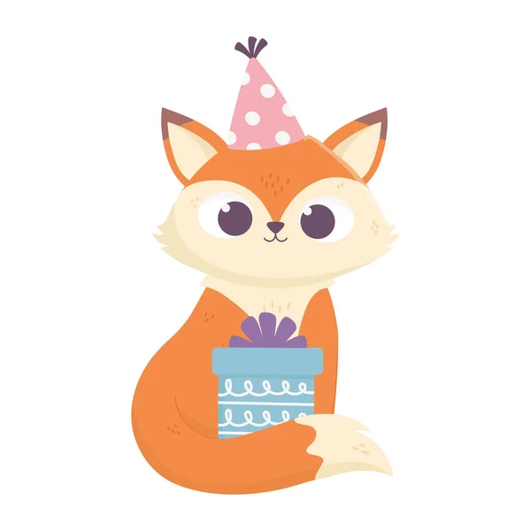 Feliz cumpleaños, pequeño zorro con sombrero de fiesta y caja de regalo celebración icono de diseño de aislamiento de dibujos animados — Vector de stock