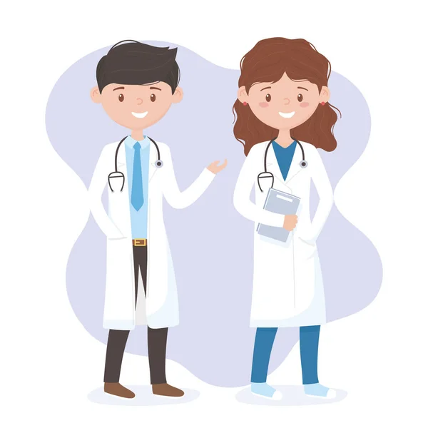 Female and male physician with uniform and stethoscope medical staff professional practitioner cartoon character — Stock Vector