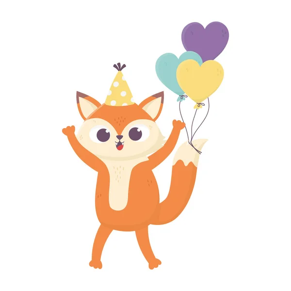 Feliz cumpleaños, zorro con sombrero de fiesta y globos corazones icono de diseño de decoración — Vector de stock