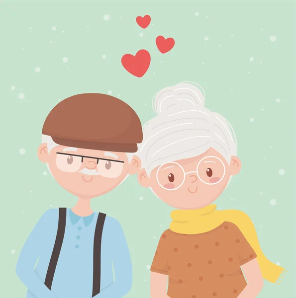 Gamla människor, glada morföräldrar, mogna par älskar seriefigurer — Stock vektor
