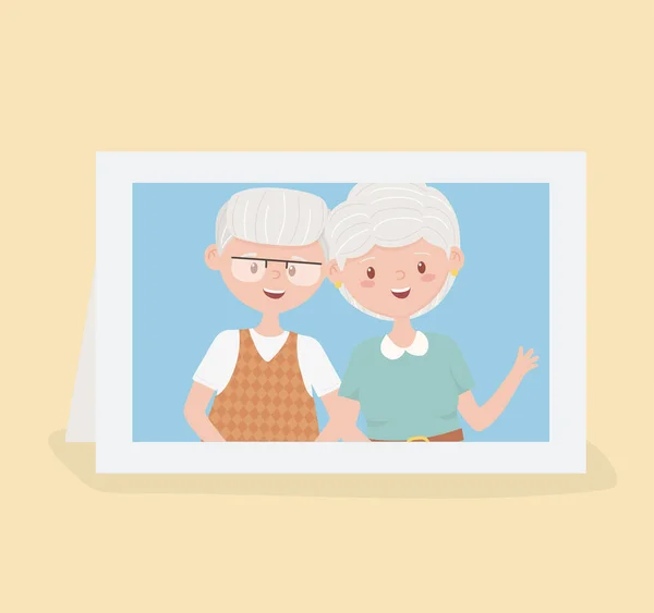 Yaşlı insanlar, fotoğraf çerçevesinde sevimli bir çift büyükanne ve büyükbaba. — Stok Vektör