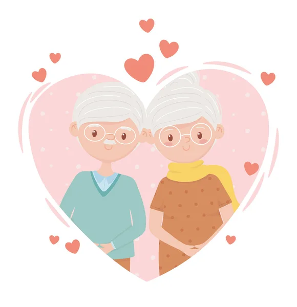 Alte Leute, niedliches Paar Oma und Opa in Liebe Herzen Cartoonfiguren — Stockvektor