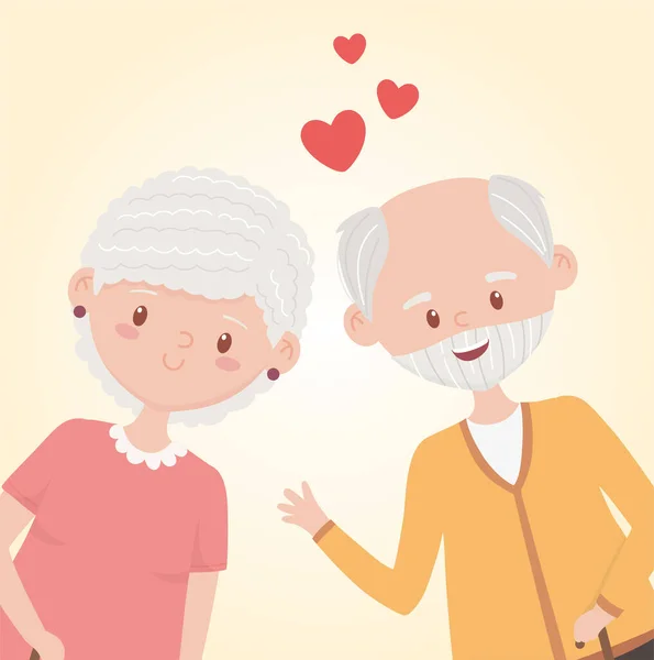Personnes âgées, grands-parents heureux, couple mature aiment personnages de dessins animés — Image vectorielle