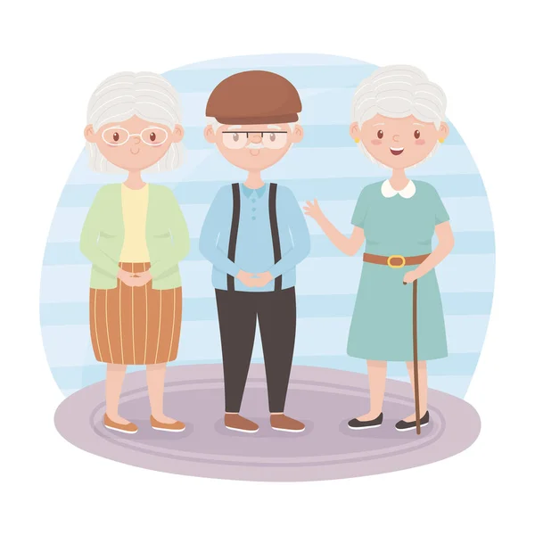 Old people, grandmothers and grandpa together cartoon characters — Stock Vector