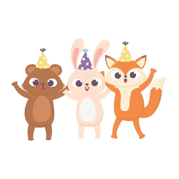 Feliz cumpleaños, lindo oso conejo y zorro con sombreros de fiesta celebración aislamiento icono de diseño — Archivo Imágenes Vectoriales