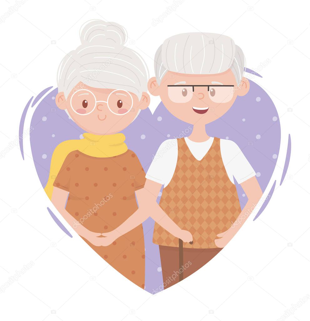 old people, cute couple grandma and grandpa in love heart cartoon characters