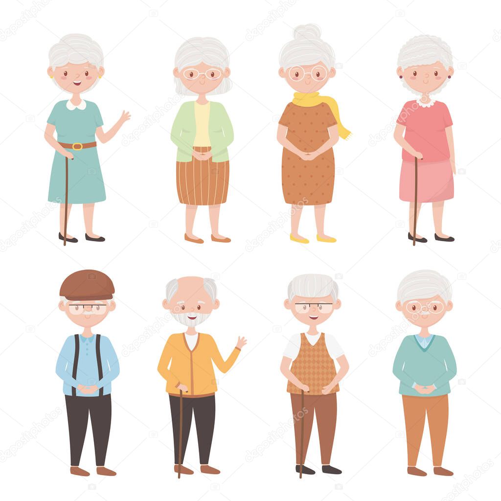 old people, group of grandparents, grandmothers grandfathers, mature senior persons cartoon characters