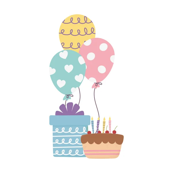 Gelukkige dag, taart met kaarsen cadeau en ballonnen vormige haerts — Stockvector