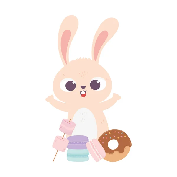 Happy day, cute rabbit with macaroons and donut — Stock Vector