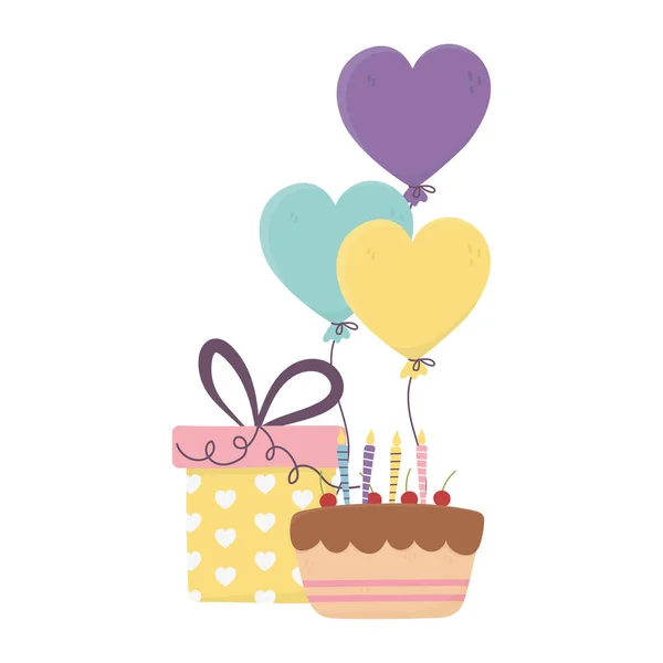 Jour heureux, gâteau avec des bougies cadeau et ballons en forme de coeur — Image vectorielle