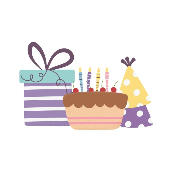 Feliz día, pastel con caja de regalo y sombreros de fiesta decoración — Vector de stock