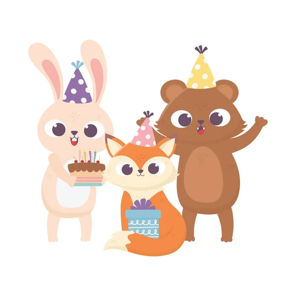 Jour heureux, ours renard lapin avec gâteau chapeau de fête et cadeau — Image vectorielle