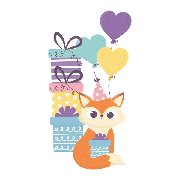 Feliz día, lindo zorro con cajas de regalo globos decoración — Vector de stock