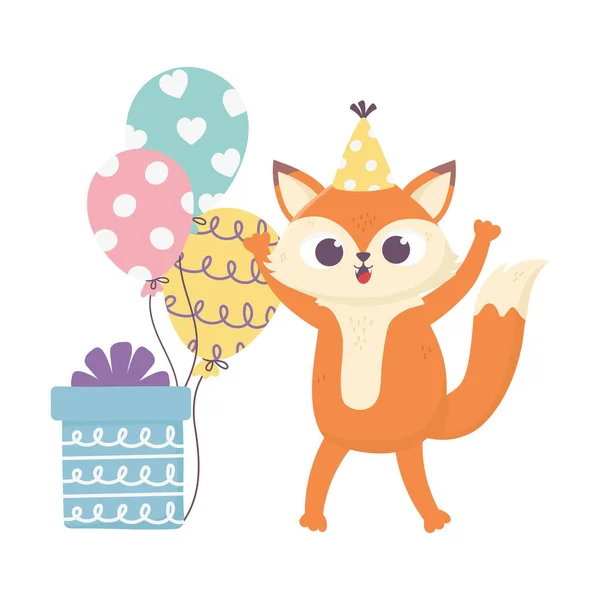 Feliz día, pequeño zorro con caja de regalo sombrero y globos — Vector de stock