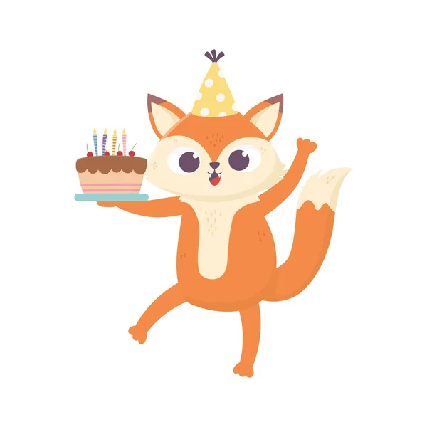 Feliz día, pequeño zorro con sombrero y pastel dulce — Vector de stock