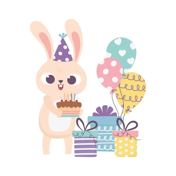 Šťastný den, králík s dárkovými krabicemi a balónky — Stockový vektor