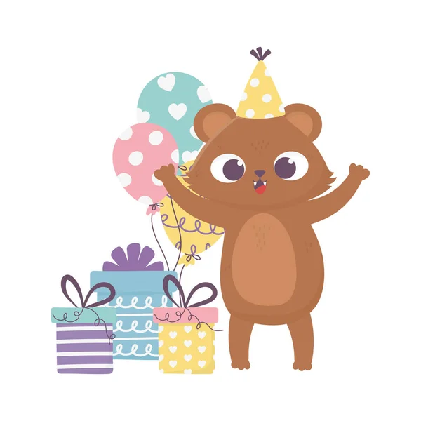 Happy day, bear with party hat gift boxes and balloons — стоковый вектор