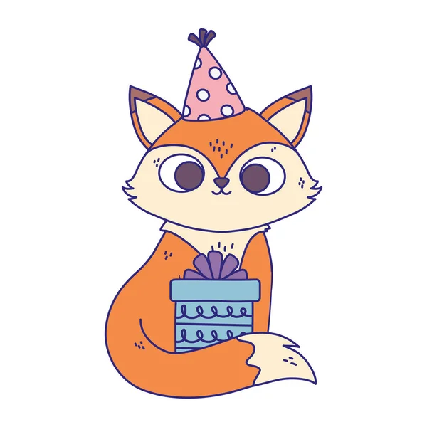 Feliz aniversário, pequena raposa com chapéu de festa e caixa de presente celebração desenho animado ícone de design de isolamento — Vetor de Stock