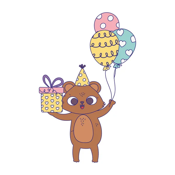 Feliz cumpleaños, pequeño oso con sombrero de fiesta y globos celebración icono de diseño de aislamiento — Vector de stock