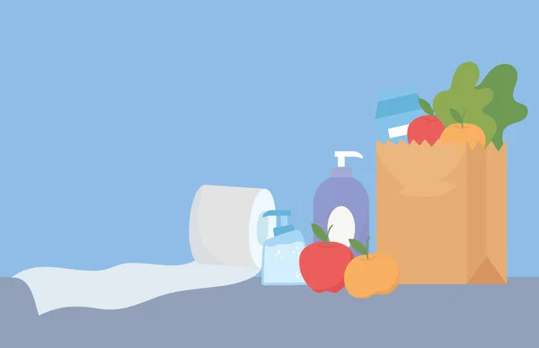 Comprar saco de papel com frutas comida e papel higiênico e sabão garrafa, excesso de compras — Vetor de Stock