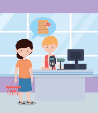 Sepetli satıcı ve müşteri ve tüm raflar tükenmiş süpermarket