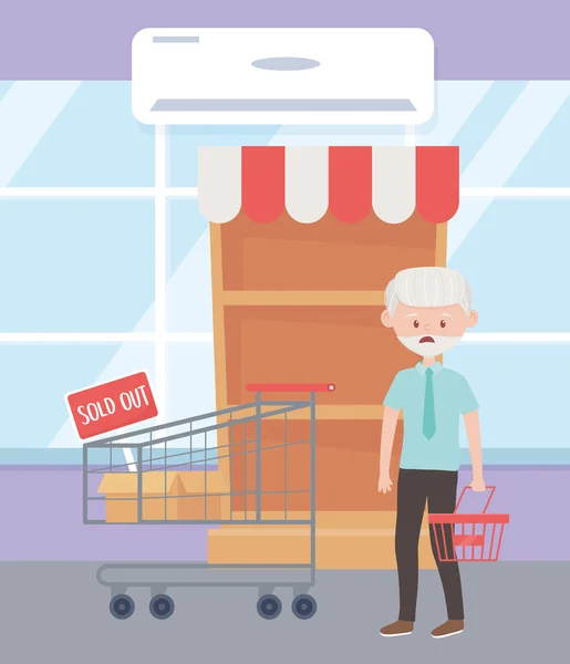 Alter Mann mit leerem Einkaufswagen Marktregal überschüssige Lebensmittel kaufen — Stockvektor