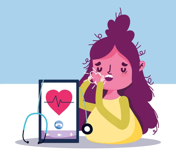 Médico on-line, paciente com tosse e smartphone diagnóstico covid 19 — Vetor de Stock