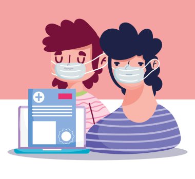 Online doktor, dizüstü bilgisayarı olan maske takan hastalar.