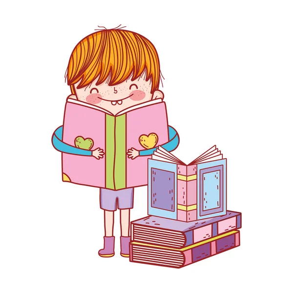 Schattig jongetje met open boek in boeken geïsoleerd ontwerp — Stockvector