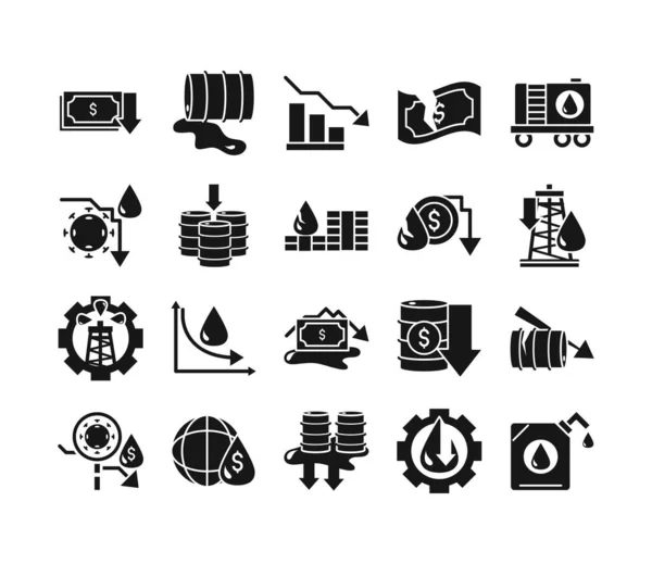 Кризис цен на нефть кризис экономики бизнес-иконки установить силуэт стиль иконки — стоковый вектор