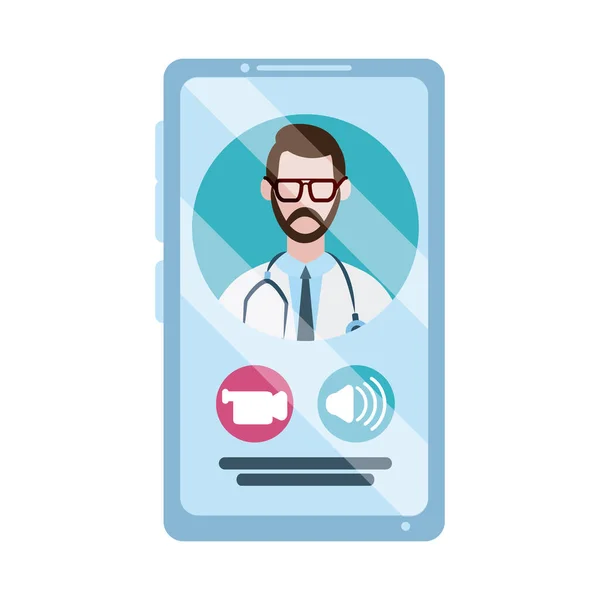 Онлайн врач, врач смартфон видео звонок консультанта медицинской защиты covid 19, икона плоский стиль — стоковый вектор
