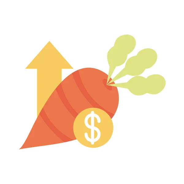 Carota mercato dei soldi vegetali freccia, aumento dei prezzi dei prodotti alimentari, icona in stile piatto — Vettoriale Stock
