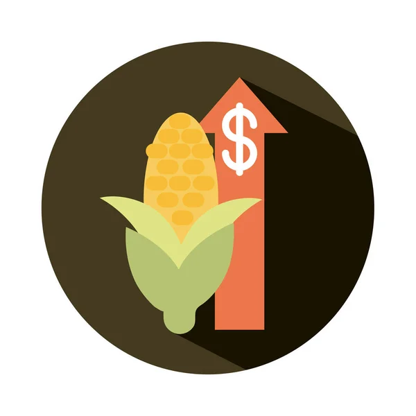Свіжий ринок кукурудзи підняти гроші зі стрілками, зростання цін на продукти харчування, значок блочного стилю — стоковий вектор