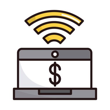 dizüstü bilgisayar para aktarım alışverişi veya ödeme mobil bankacılık hattı ve simge doldur